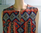 Ikat Diamonds Dress- 1960's- Orange, Yellow & Blue- Tribal A-line Sundress in Cotton- Extra Large