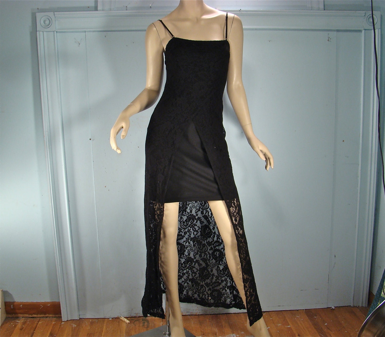 Black Lace Split Dress- 1990's Grunge- Bodycon Mini with Lace Overskirt- Spaghetti Straps