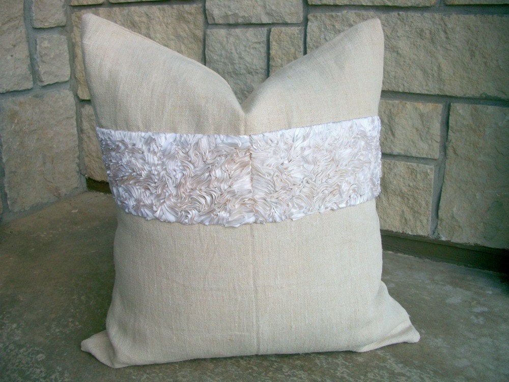 French Country Home Vintage Pillow Cover European Grain Sack Linen with Satin Ruffle Band