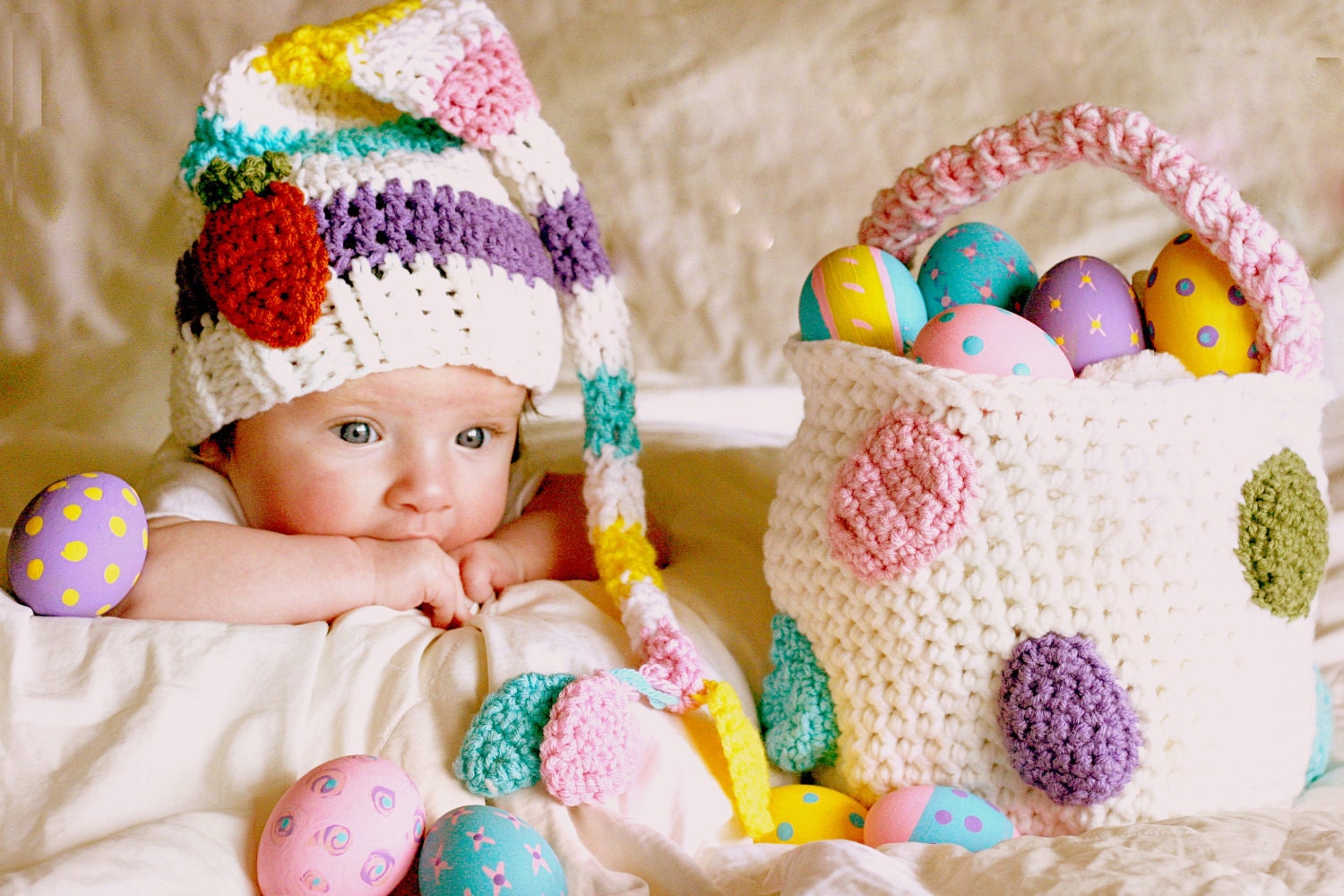 Long Tail Easter Pastels Elf Hat and Basket with Easter Eggs and Carrot - Newborn, 3-6, 6-12, Toddler- Great Photo Prop - Made to Order