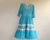 60s Mexican Dress, Mexico Costume Dress, Turquoise Dress, Crinkle Cotton Silver Ric Rac size 8 10