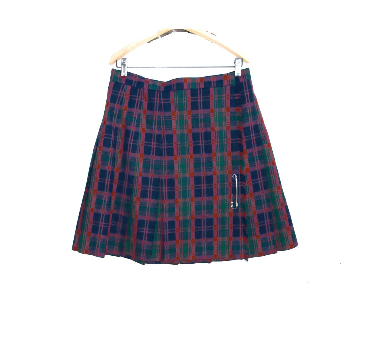 80s Kilt Skirt Plaid Wool Size 10 12 14 Burgundy Navy Green