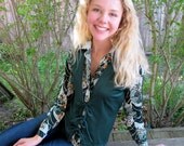 70s Vintage Ritva Italy Nylon Blouse Vest Combo Asian Inspired Print Womens S