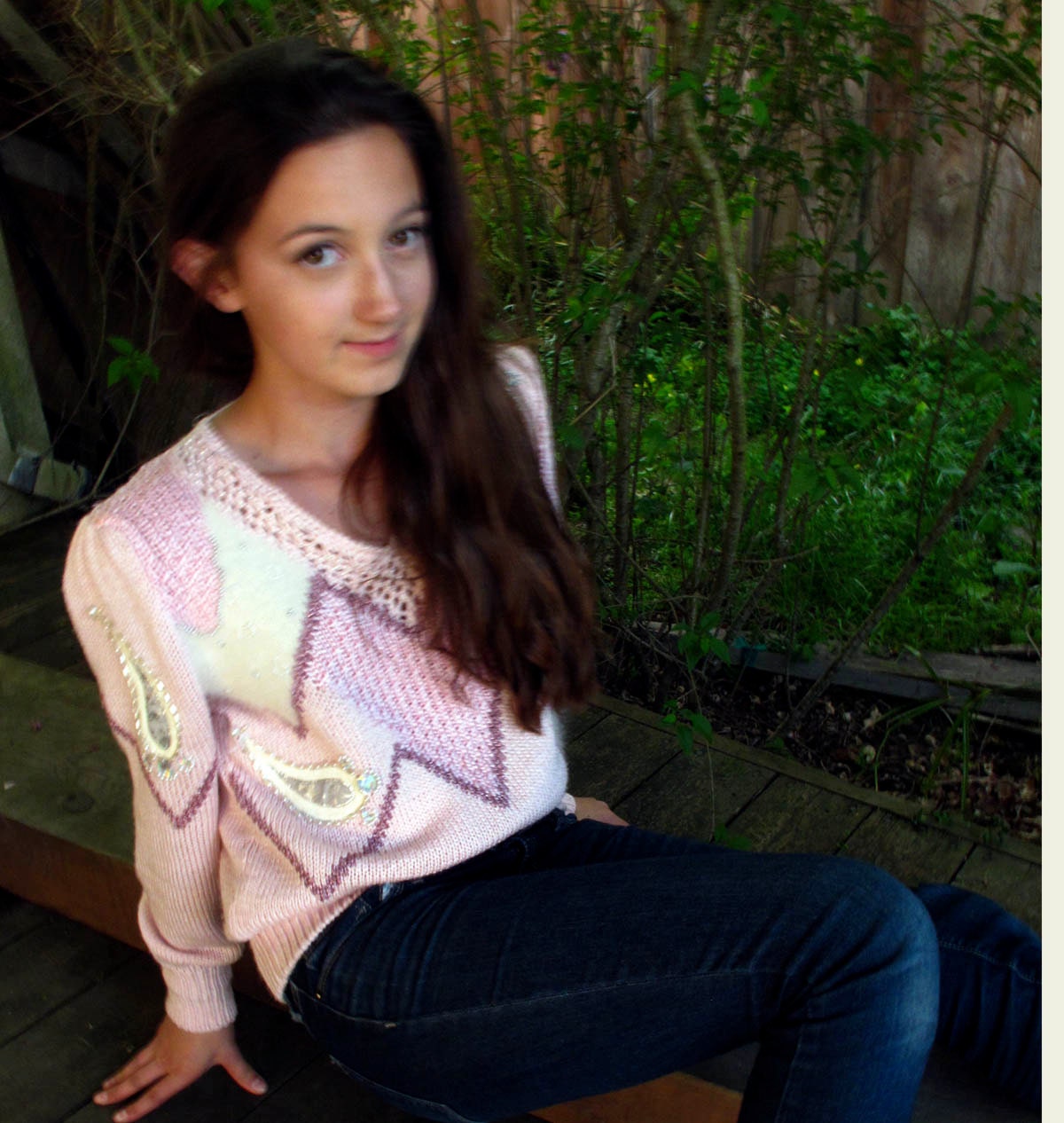 80s Vintage Sweater Bold Embellished Intarsia Patchwork Pinks Acrylic Angora size M