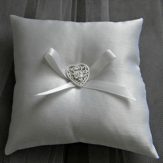 Ring Bearer Pillow white satin small heart ribbon -- Open Heart button