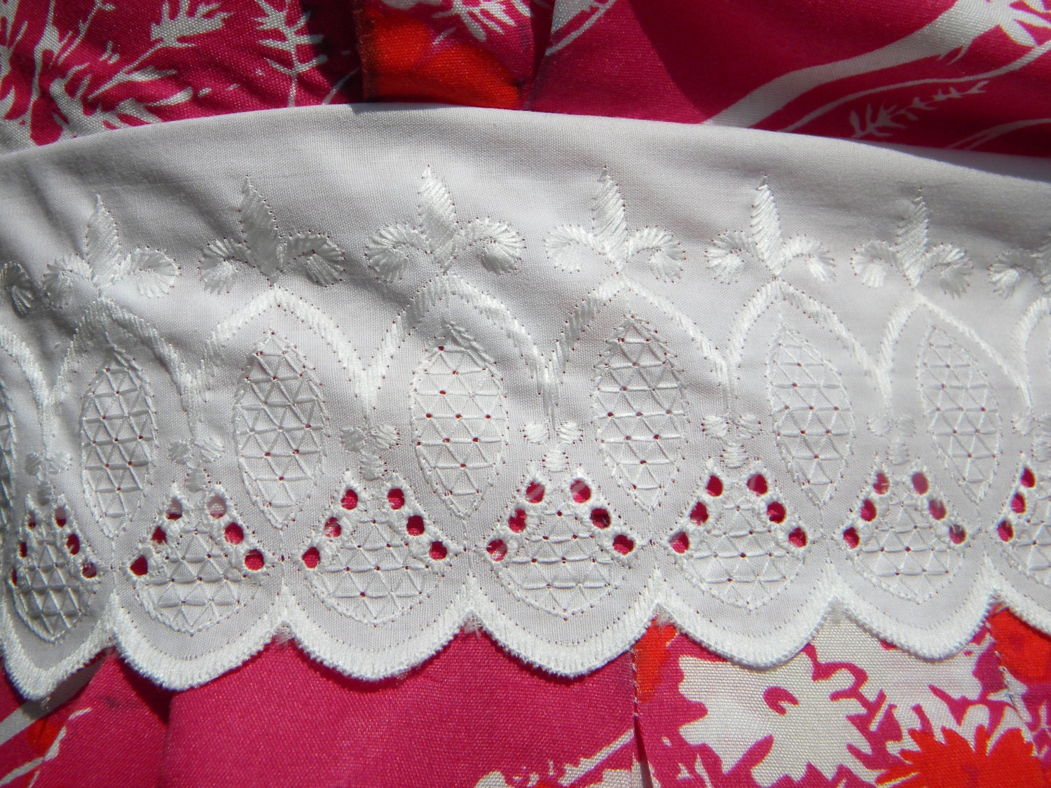 Summer Dress, Pink Sundress w/ Pockets, hot pink fabric and white lace trim, high neck, modest - Ready-made size 6