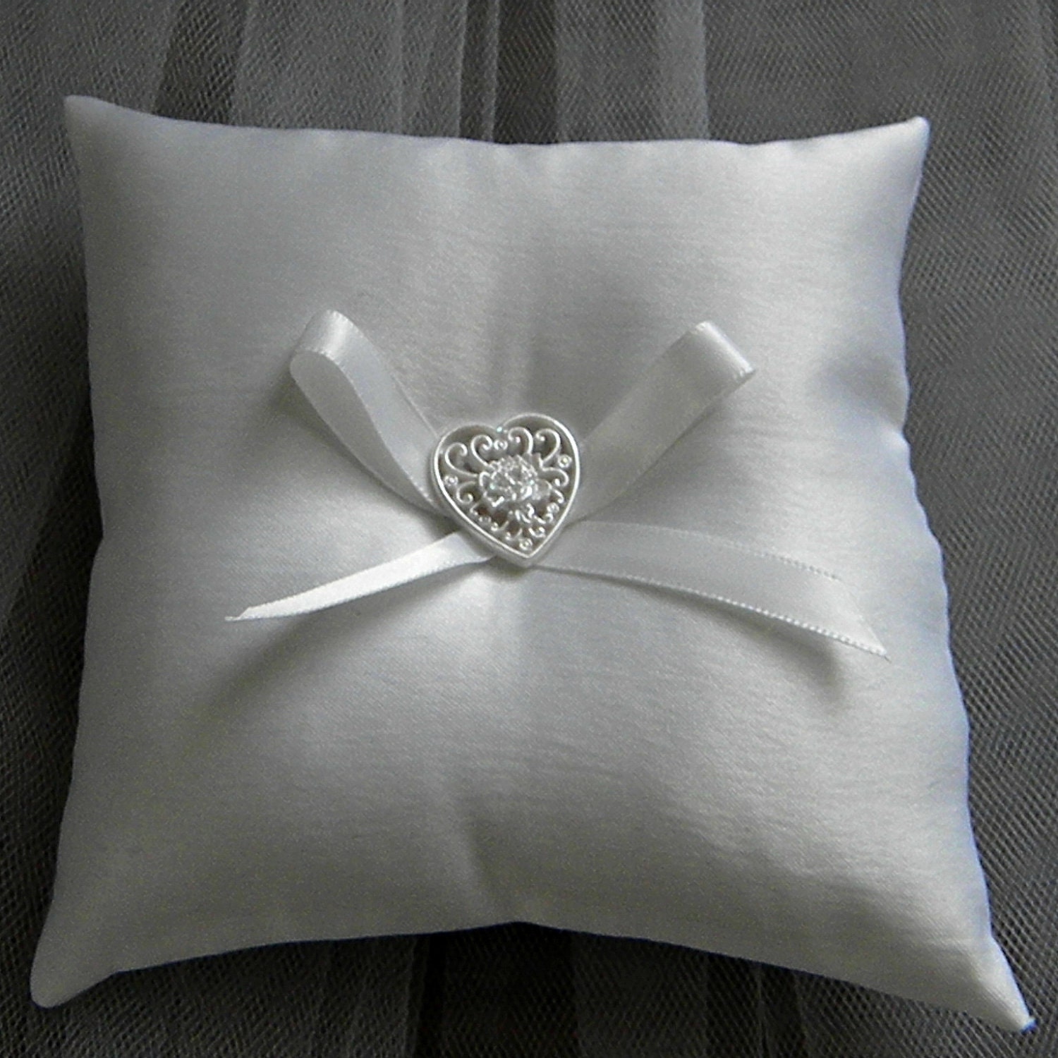 Ring Bearer Pillow white satin small heart ribbon -- Open Heart button
