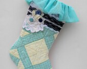 Christmas Stocking - Handmade Using Vintage Quilt and Trim - OOAK - Shabby Chic, Aqua, Yellow, and Lavender with Pink Backing