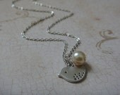 Silver Baby Bird Necklace with Cream Ivory Pearl