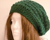 Crochet Slouchy Hat, Tam, Beret, Green, Adult Women and Teen