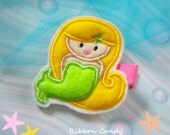 Mermaid Felt Hair Clip - Embroidered - Blonde Hair Mermaid with Lime Green Tail Hair Clip - non slip
