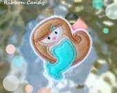 Mermaid Felt Hair Clip - Embroidered - Light Brown Hair Mermaid with Aqua Tail Hair Clip - non slip