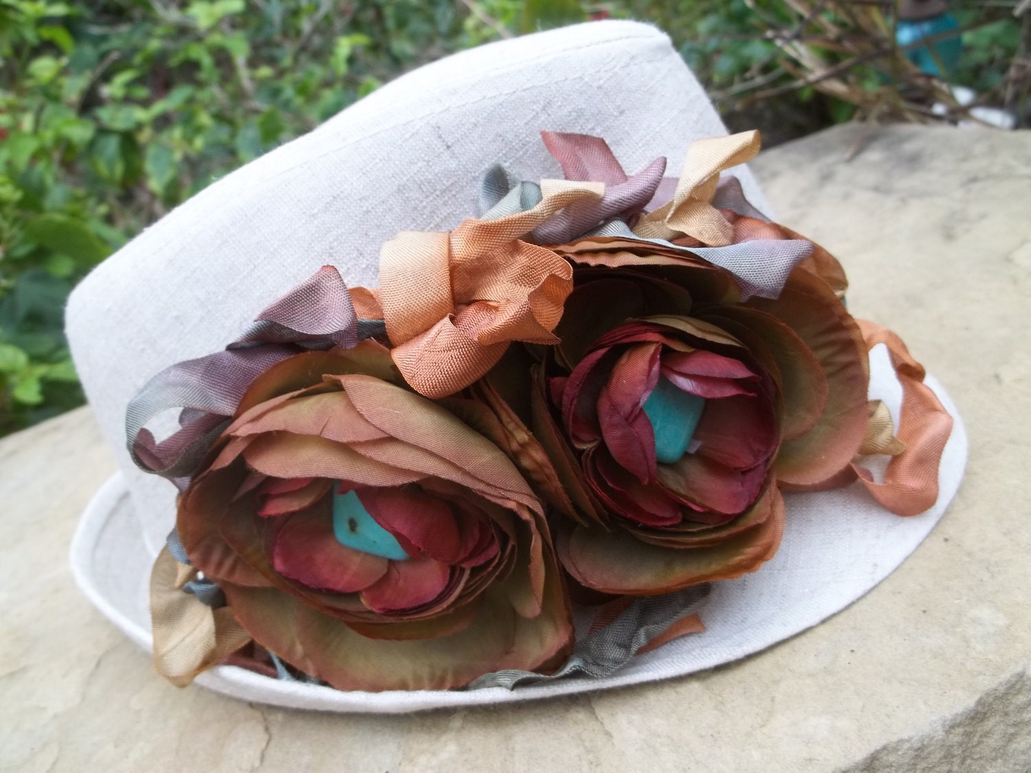 Embellished Fedora Hat Upcycled Altered Shabby Boho Flowers Turquoise Rusty Brown Hand Dyed Ribbon