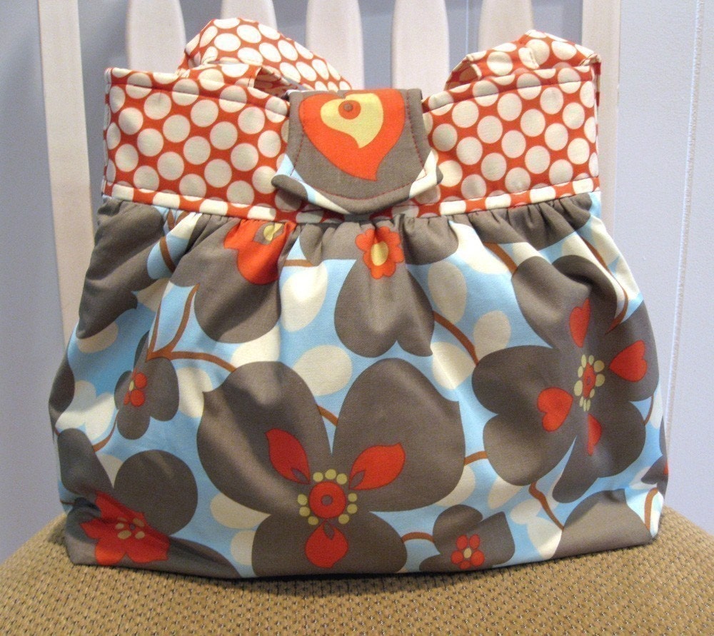 Handmade Gathered Fabric  Bag, Purse, in Amy Butler Lotus Dot Cherry and  Morning Glory
