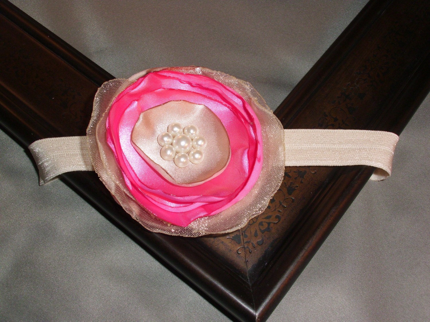 Vintage Flapper Hair Clip Headband Pink and Cream Poppie with Pearls-photo prop, newborn, blessing, wedding, photography