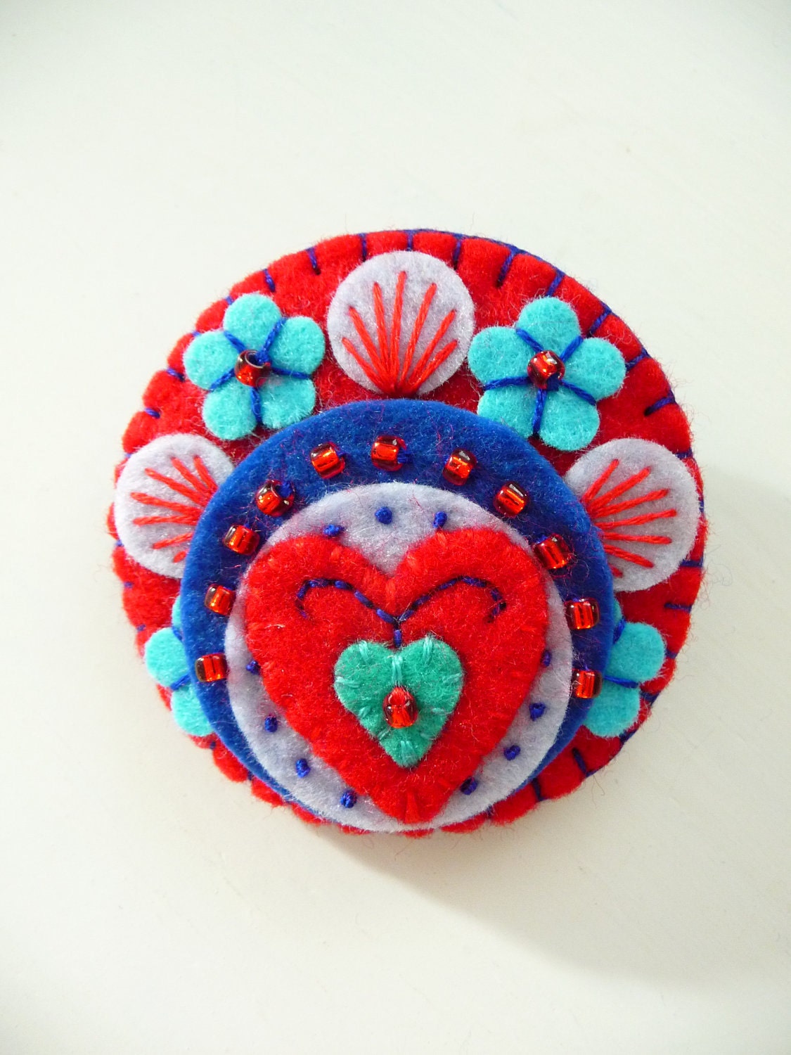 ES642A/069 -  Heart to Heart -  Handmade Mini Felt Brooch - rED - Made to order