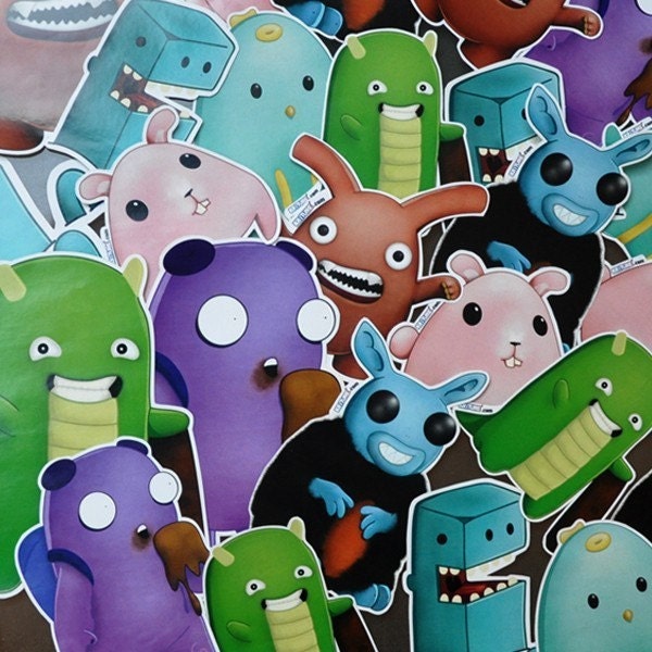 Sticker pack of 6 original monster illustration creatures -  Funny Characters Stickers of Cute monster and animals Stickers n.1 by Kriture