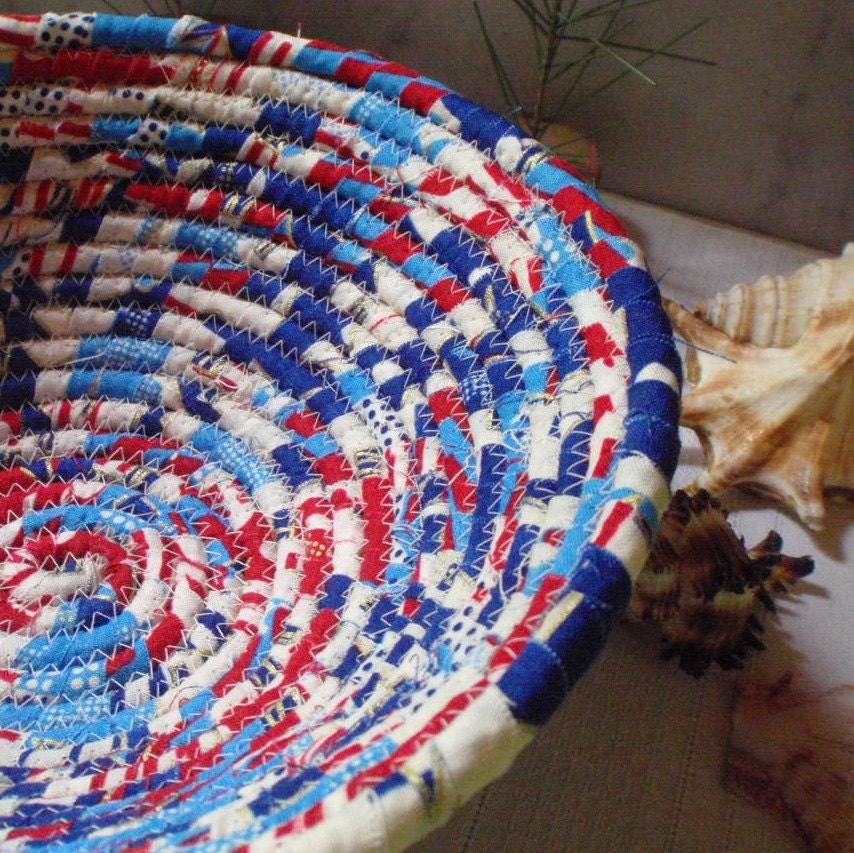 Coiled Fabric Basket - Hey There Sailor - Red, White and Blue, Patriotic, Fourth of July, Catchall, Handmade
