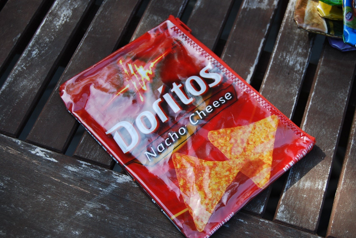 Recycled DOritos Nacho Cheese wrapper UPCYCLED into Zippered POUCH // Cosmetics // Itouch //