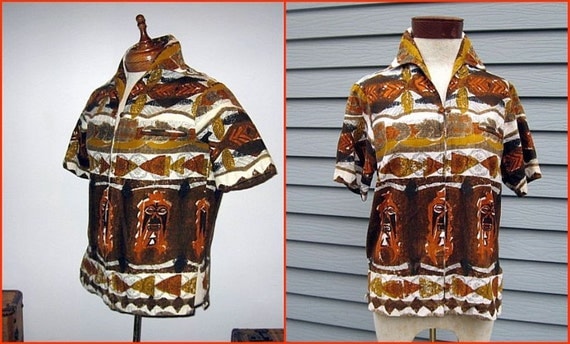 retro 60s vintage aloha shirt bark cloth brown summer unisex