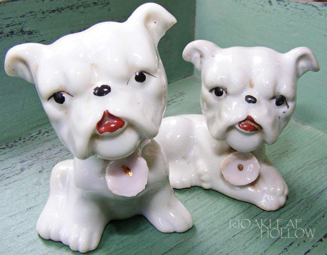 Vintage Pug Bulldog Puppy Dog Pair of Figurines Japan Ceramic Animal
