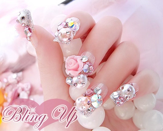 Silver Glitter French Tip Japanese Nail Art with 3D Roses, Rhinestones, and Pearl