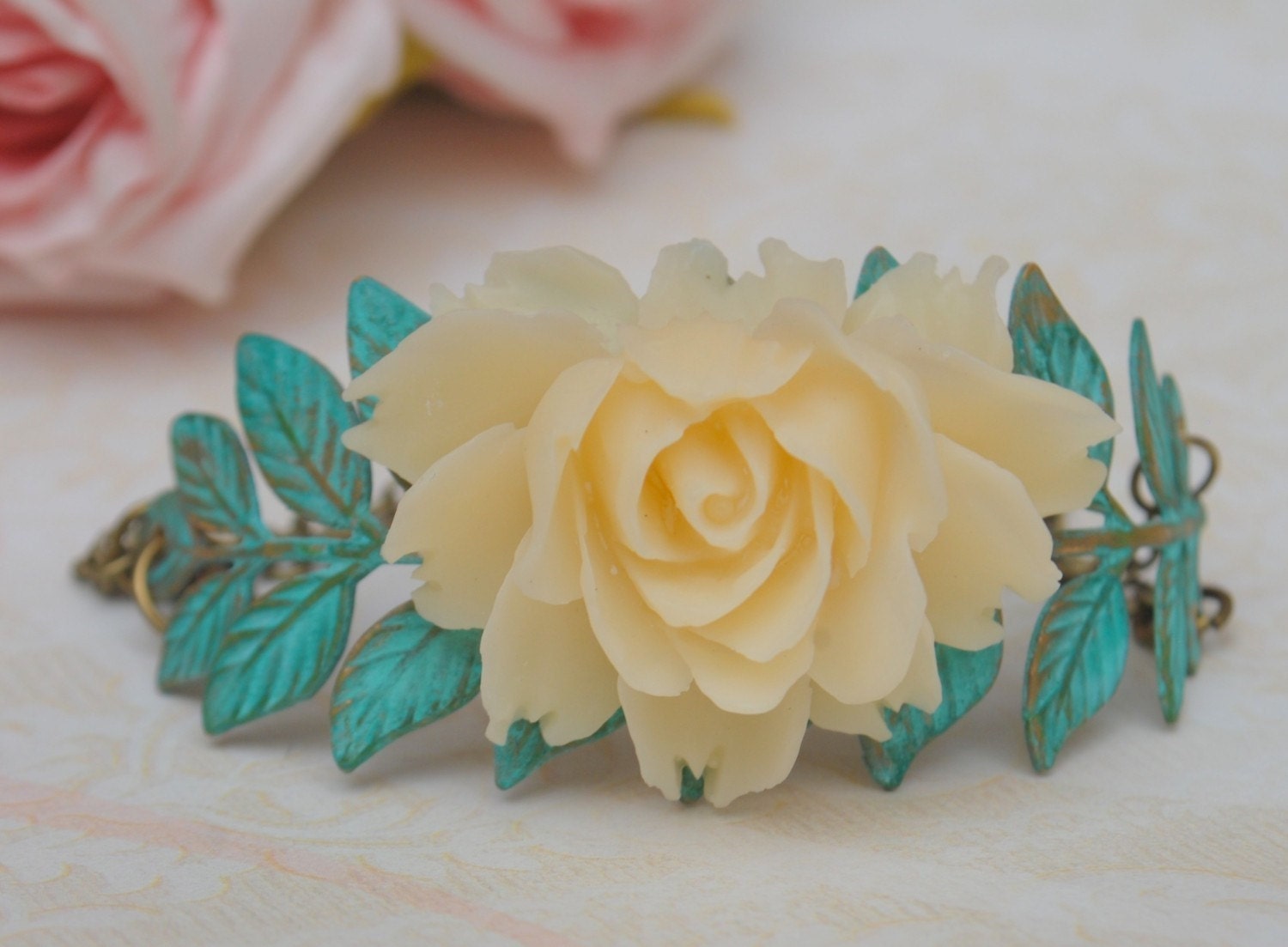 Verdigris Long Leaf and Vintage style Rose Cabochon Bracelet