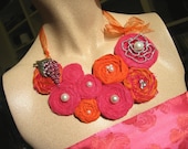 BOLD STATEMENT NECKLACE in HOT PINK AND ORANGE with VINTAGE/NEW RHINESTONE BROOCHES  and PEARLS