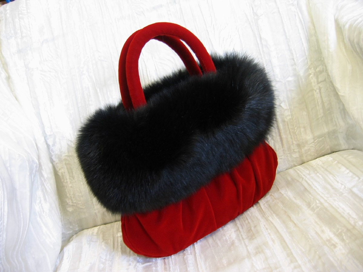 GARNET RED VELVET EVENING BAG trimmed in BLACK FOX