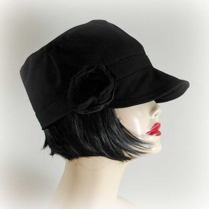 Cloche Cap in Lightweight Black Wool with Flower Accessory Vintage Inpired Functional Hat