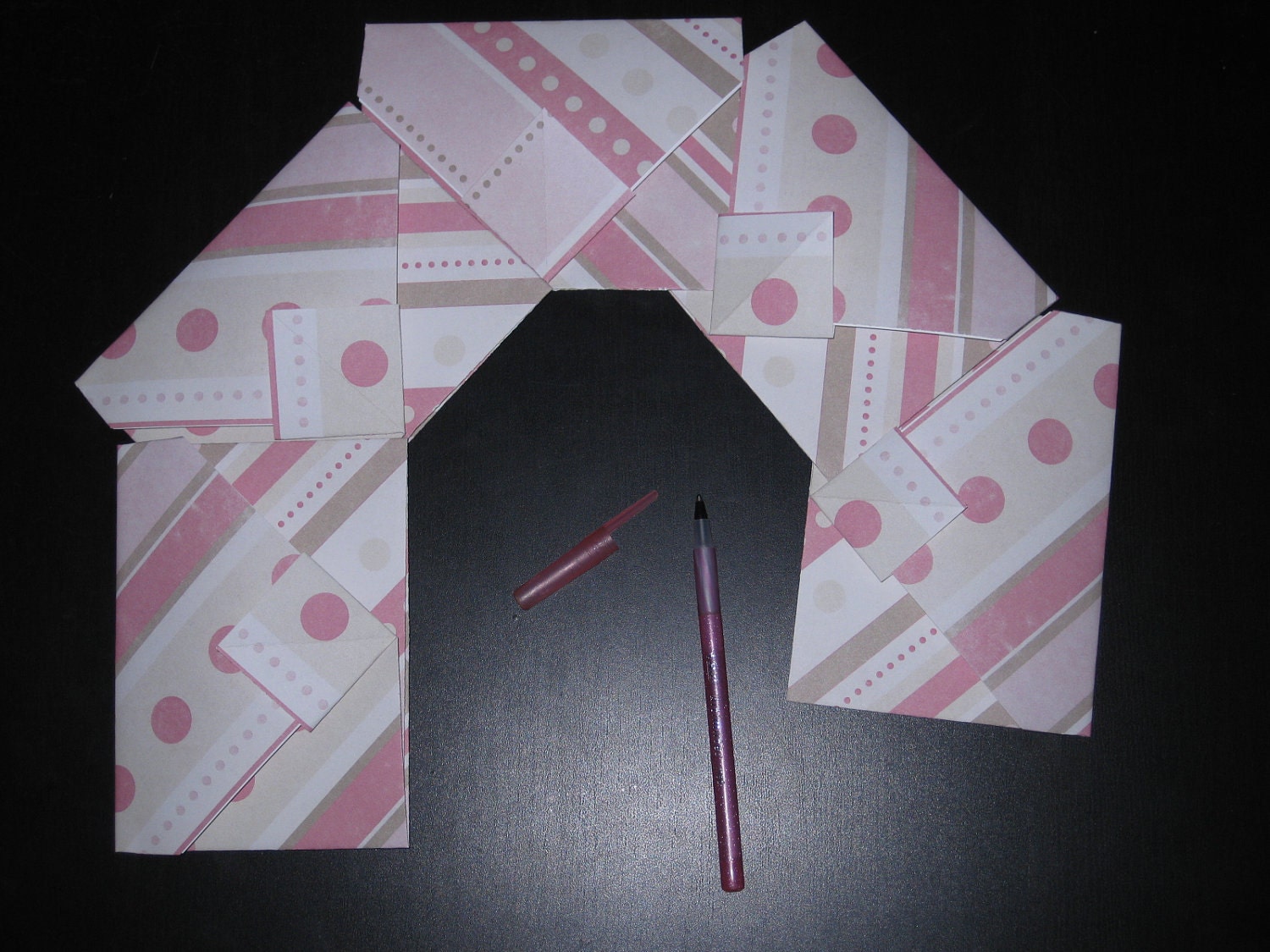 Lot of 5 Decorative Multi-Folded Self-Closing Origami Envelopes - Double Thick Single Sided 12x12 Scrapbook Paper (Stripes & Polka Dots)