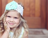 RUTH - tiffany blue and cream  lace rose headband