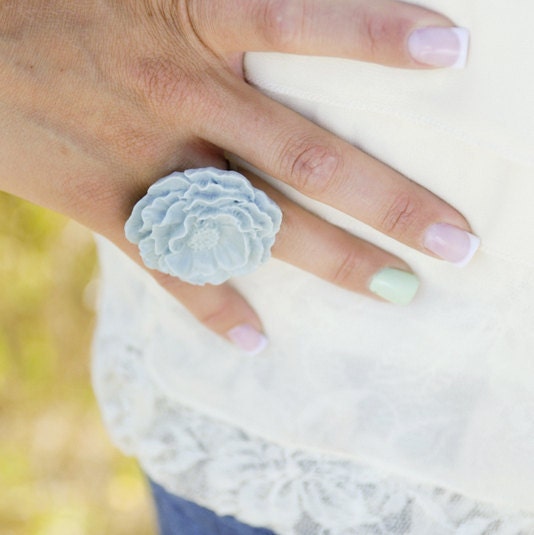The Poppy - large Powder Blue cabochon flower ring