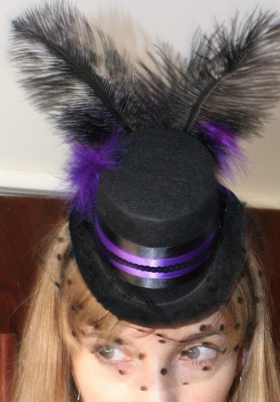 Purple Burlesque Steampunk wedding fascinator - Black mini top hat w/ veil