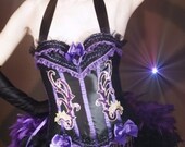 SHOWGIRL Burlesque Circus Corset Costume, purple black, Mini Top Hat included