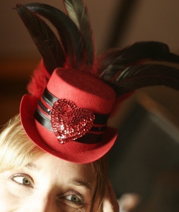 Queen of Hearts Red Burlesque Mini Top Hat fascinator with feathers for Valentine's Day