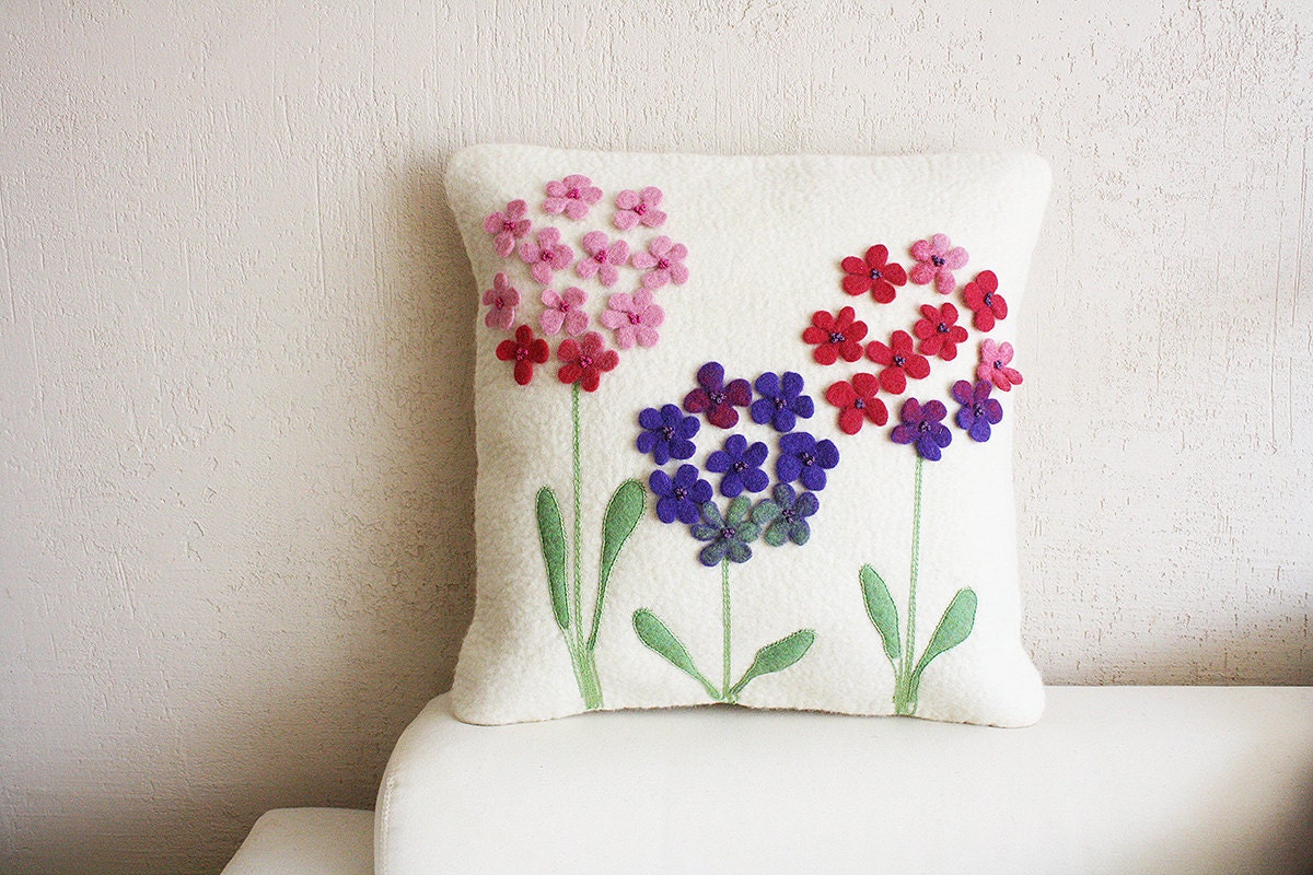 Sunny home with mom"  Wool felted milk pillow cover with lovely,romantic purple flowers