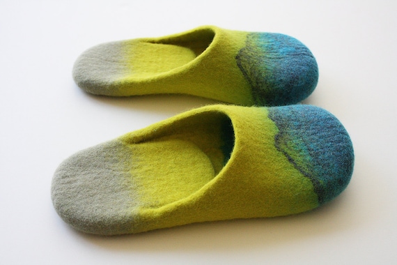 Acapulco" Felted wool slippers with neon yellow and turguoise blue. Unisex adults. Handmade to order