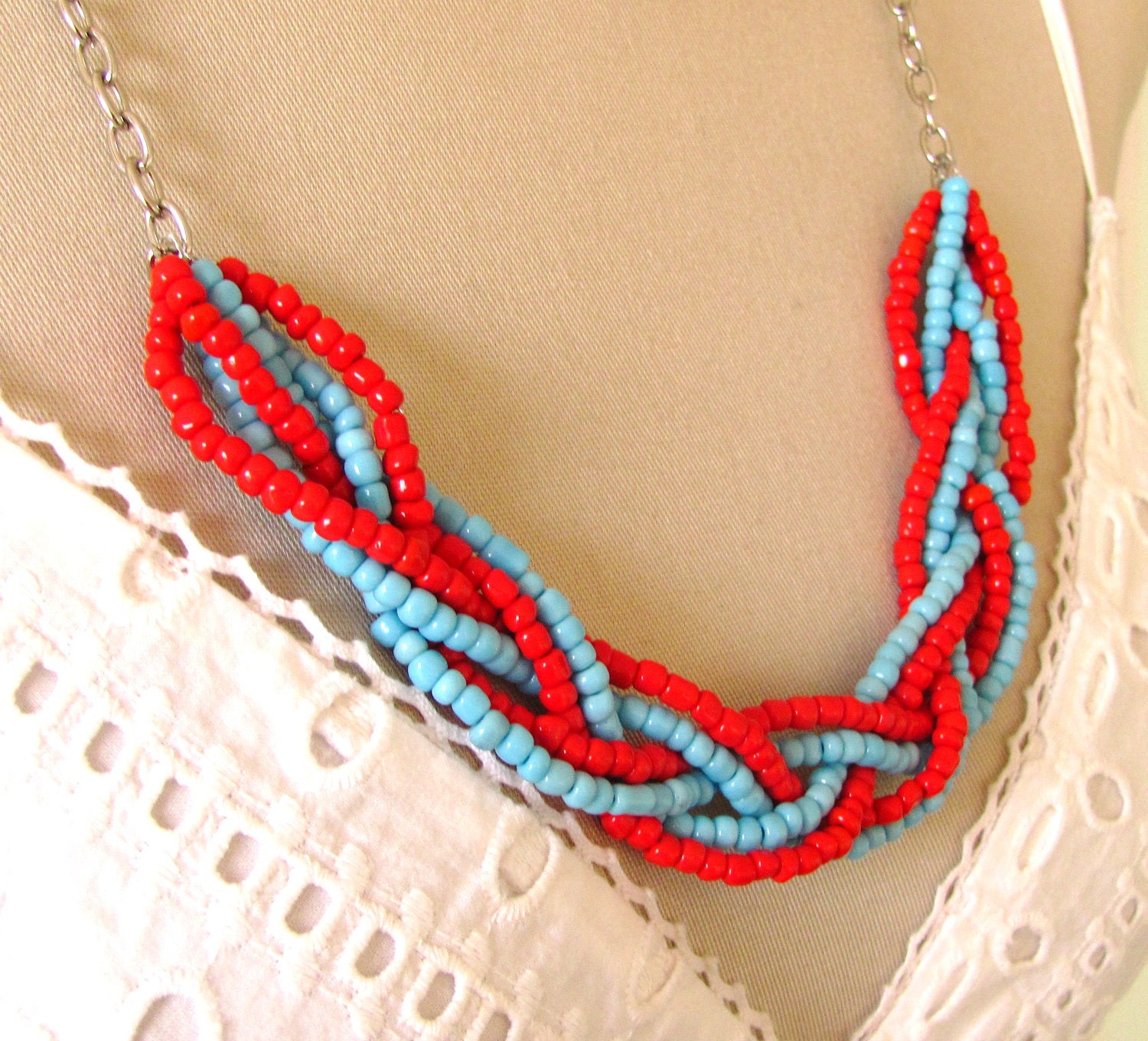 Long Braided Necklace Turquoise Blue and Red Glass Beads on Silver Chain