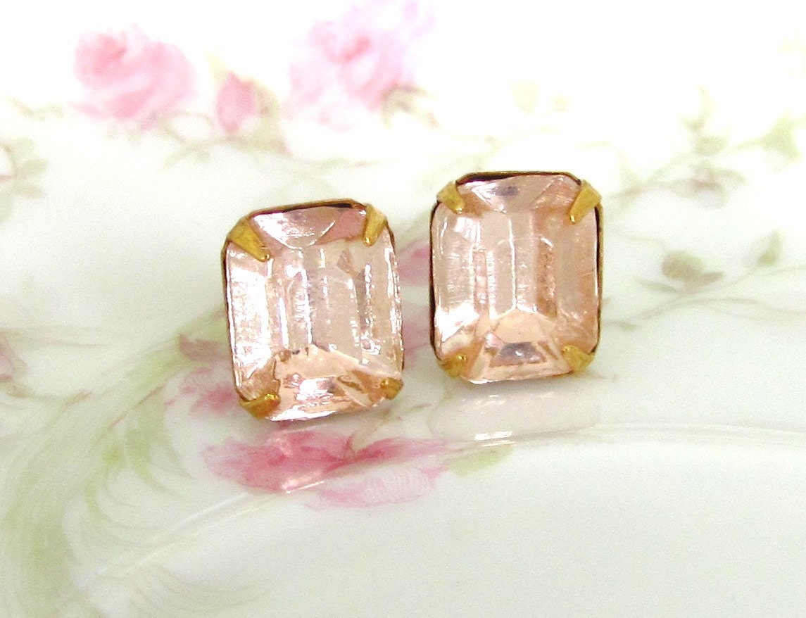Pale Pink Rhinestone Earrings - Vintage Glass Rhinestone Post Earrings - Bridesmaid, Wedding, Bridal