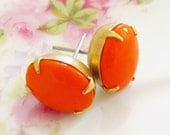 Vintage Tangerine Orange Chunky Oval Glass Jewel Surgical Steel Post Earrings