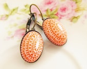 Tangerine Orange Mosaic Earrings -Vintage Tangerine Orange and White Mosaic Bohemian Antique Brass Earring Drop Dangles