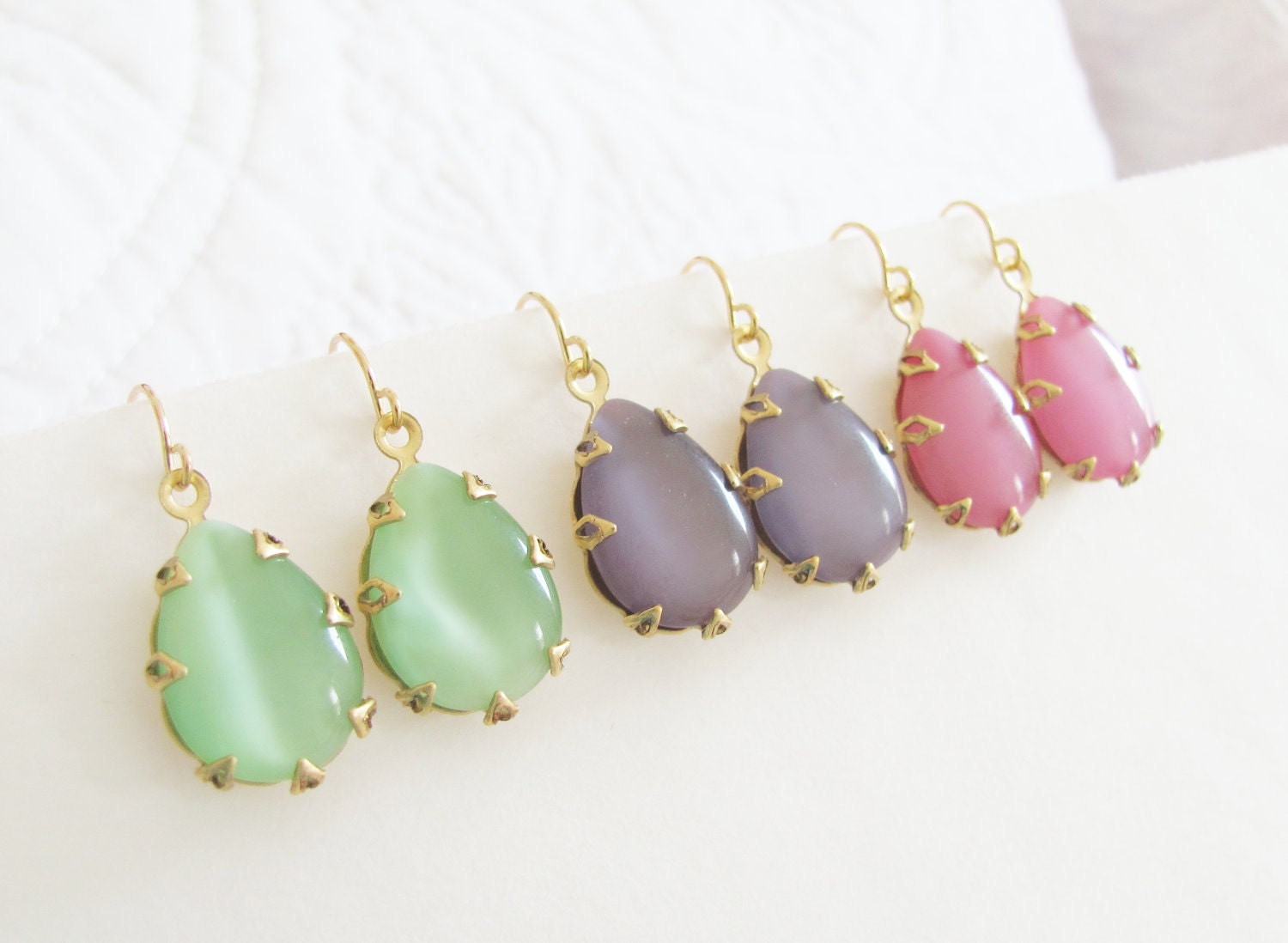 Mint Green, Lavender Purple, Rose Pink Vintage Moonstone Teardrop Dangle Earrings Gold Crown Settings - Bridesmaid, Wedding, Bridal, Pastels