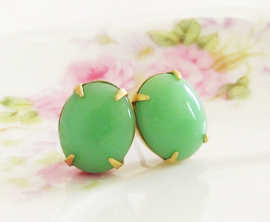 Apple Green Post Earrings - Vintage Chunky Oval Glass Jewel Surgical Steel Post Earrings -Preppy, Wedding, Bridal, Bridesmaid