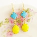 Vintage Lemon Yellow Oval Turquoise Blue Jewel Glamour Earrings