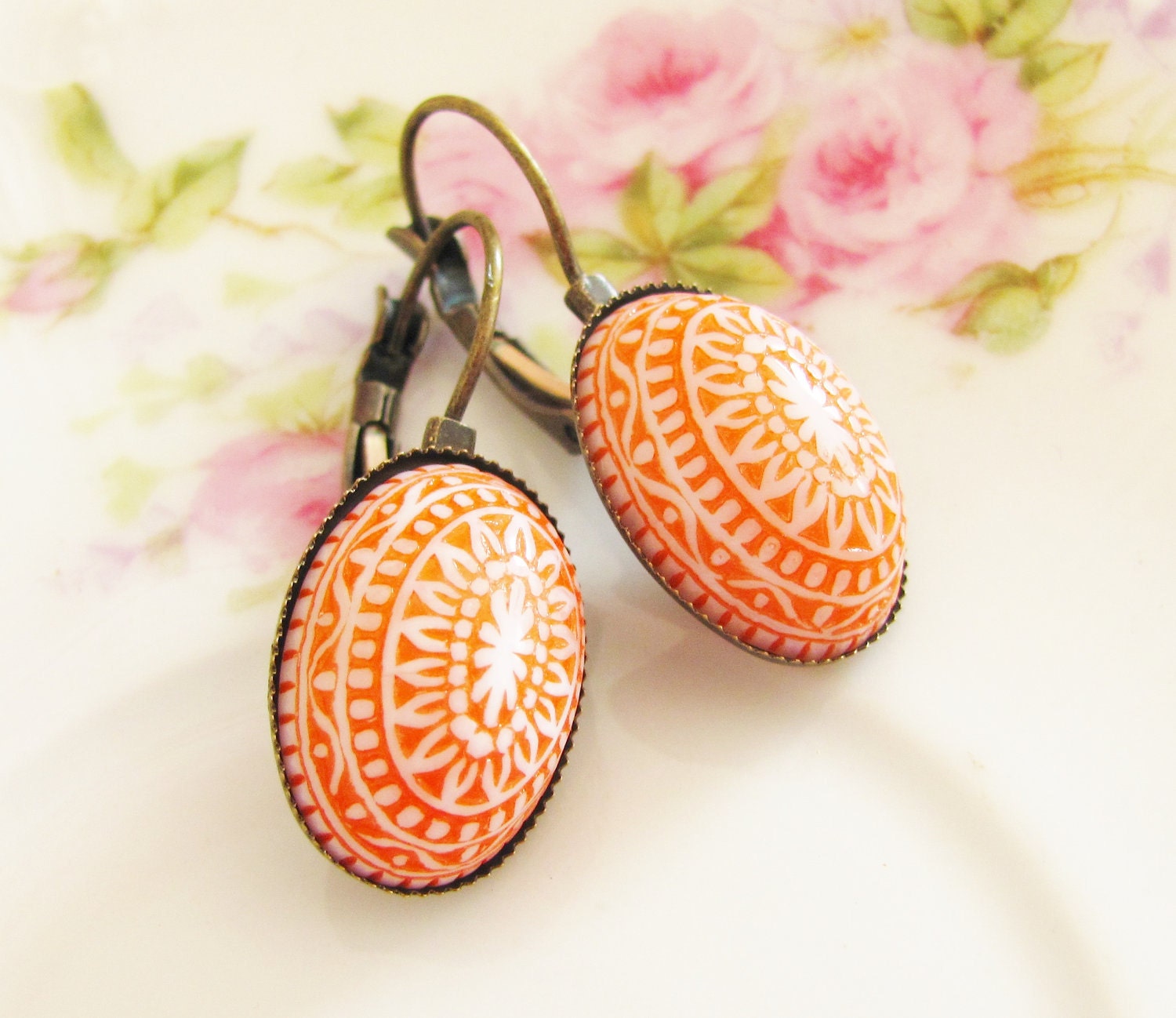 Tangerine Orange Mosaic Earrings -Vintage Tangerine Orange and White Mosaic Bohemian Antique Brass Earring Drop Dangles