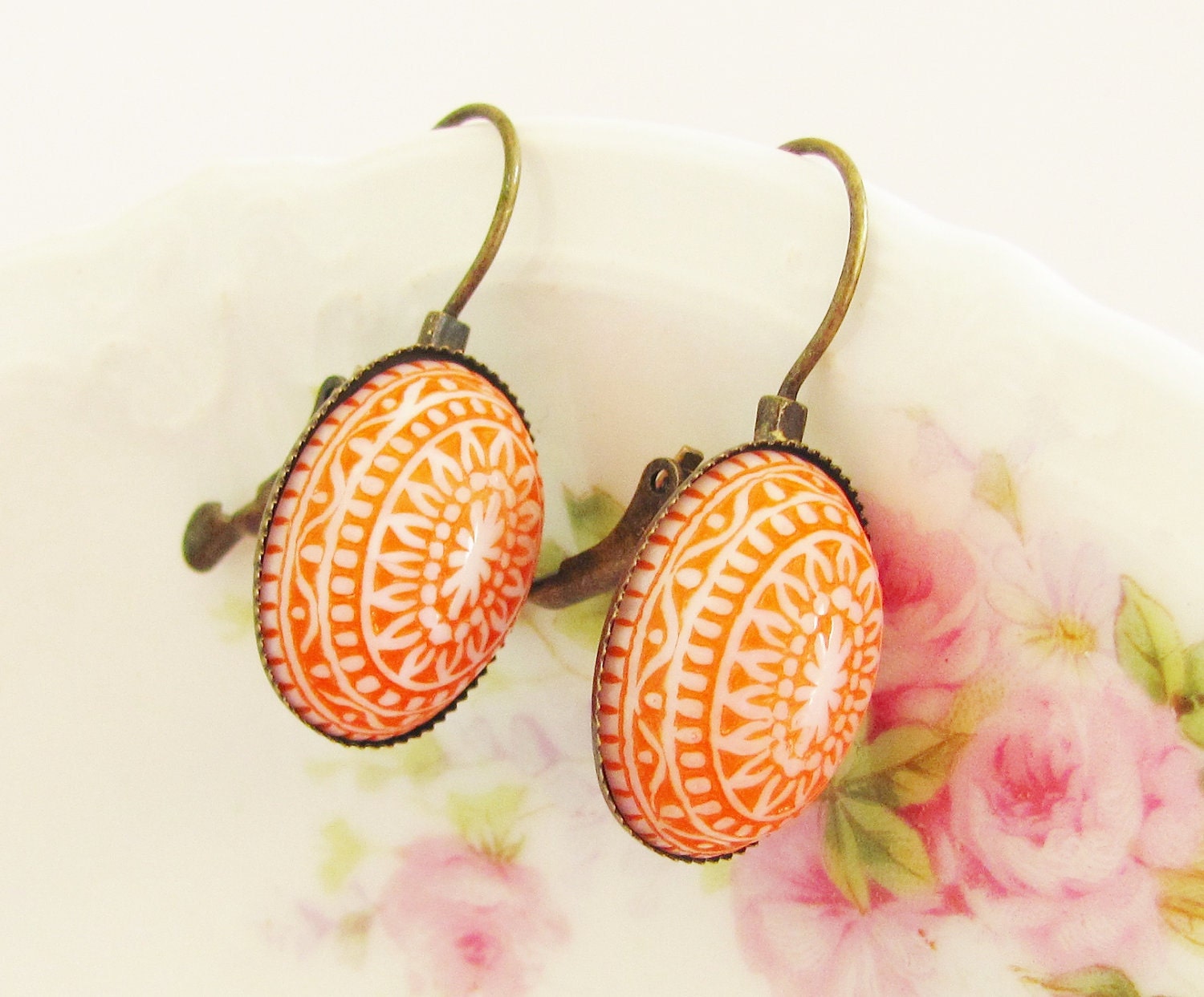 Tangerine Orange Mosaic Earrings -Vintage Tangerine Orange and White Mosaic Bohemian Antique Brass Earring Drop Dangles