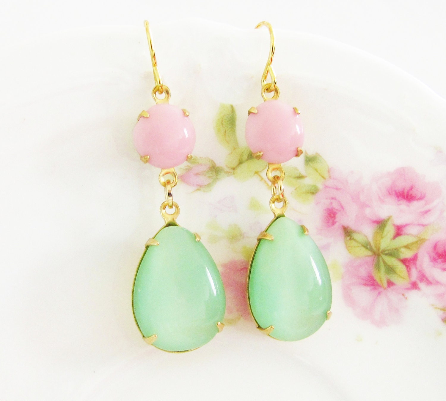 Mint Green Pink Earrings Vintage Teardrop Moonstone and Round Pink Glass Jewel Glamour Dangle Earrings