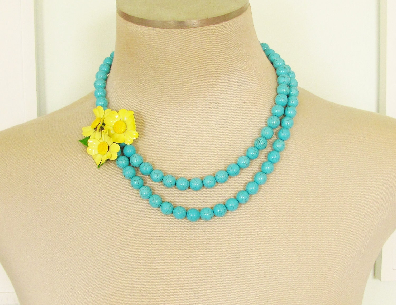 Vintage Enamel Flower Necklace Bright Sunny Yellow Flower Cluster Asymmetrical Double Strand Turquoise Howlite Statement Necklace OOAK