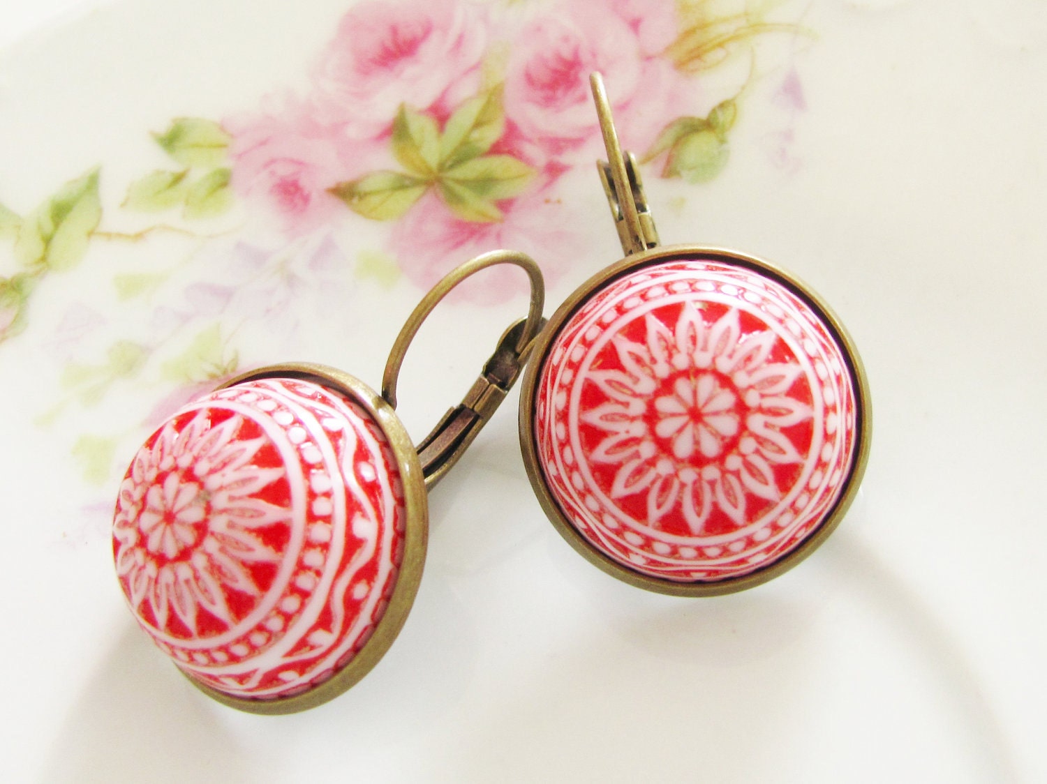 Red and White Mosaic Earrings - Vintage Cherry Red and White Mosaic Bohemian Antique Brass Earring Drop Dangles